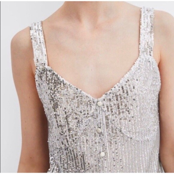 NWT Zara Trafaluc Silver Sequin Midi Dress Size Medium - Picture 2 of 16